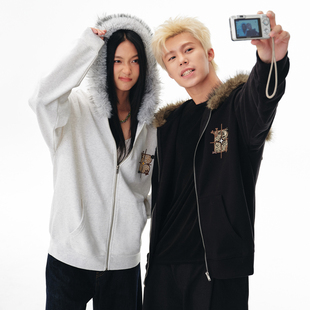 情侣秋 上衣新款 BIPOLAR狗耳座山雕卫衣毛领连帽开衫 外套男秋冬款