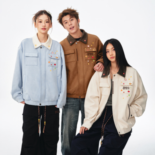 BIPOLAR像素绣花翻领夹克巴恩风休闲宽松复古上衣设计款 情侣外套