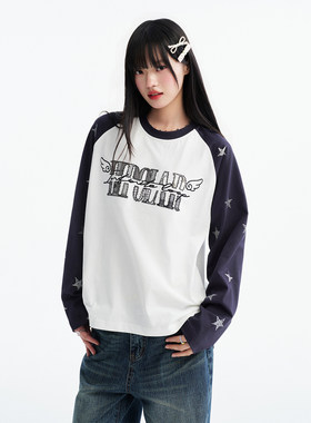 BIPOLAR闪粉星星贴布长袖T恤女
