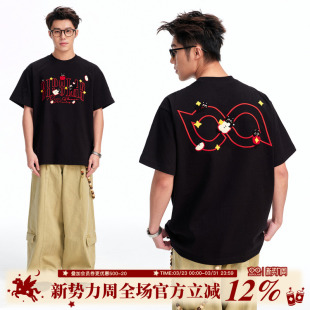 半袖 BIPOLAR苹果猫刺绣短袖 情侣新款 休闲宽松圆领上衣夏季 T恤美式