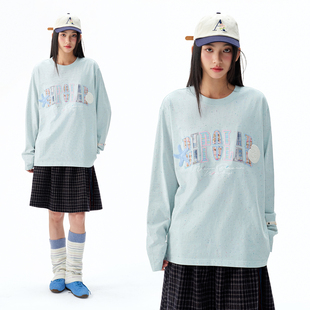 BIPOLAR彩点贝壳织带贴布长袖 休闲宽松圆领上衣打底设计感T恤春秋