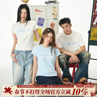 BIPOLAR云朵蕾丝贴布短袖美式休闲圆领T恤韩系浅色系上衣国潮情侣