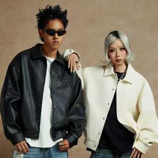 潮牌棒球服男女皮衣外套 全皮翻领夹克 BLOCK「四炁合一」联名