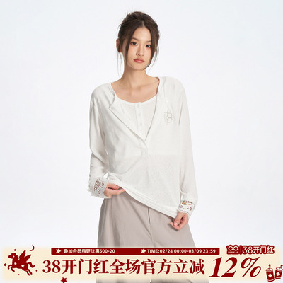 BIPOLAR假两件亨利领罩衫长袖T恤春秋内搭上衣基础薄款慵懒休闲风