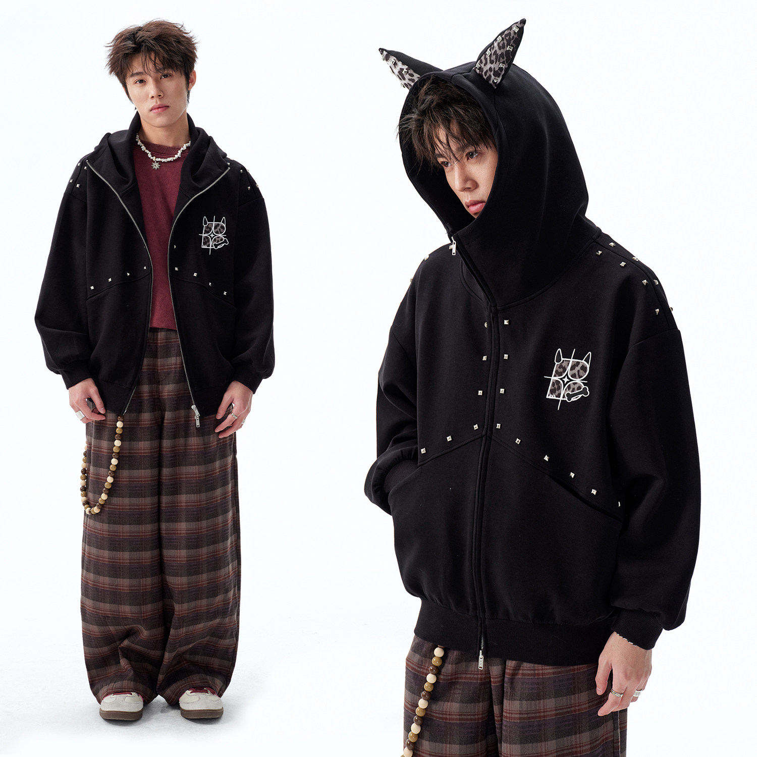 BIPOLAR杜宾耳铆钉连帽卫衣男