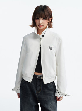 波点拼接立领宽松短款夹克女秋