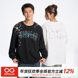 BIPOLAR过肩蜡笔花卉T恤美式街头手绘印花休闲宽松圆领上衣长袖男