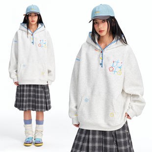 BIPOLAR贝壳绣小花亨利领连帽卫衣多巴胺刺绣上衣宽松重工长袖女