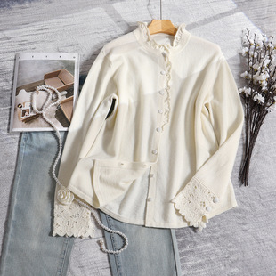 2026春季小香风气质显瘦立领荷叶边手工勾花衬衫羊毛衫女南油欧货
