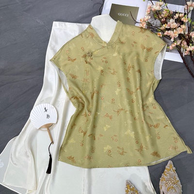 招财蝶 桑蚕丝提花新中式国风复古立领衬衫新款设计感洋气上衣夏