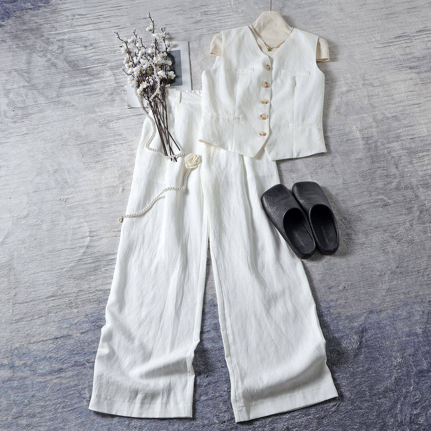 法式老钱风白色亚麻马甲套装女 夏季高级感气质通勤阔腿裤两件套