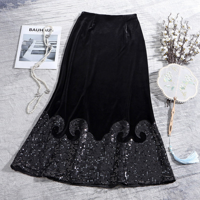 醋酸丝绒拼接亮片鱼尾半裙秋冬新款新中式高级感气质优雅半身裙女