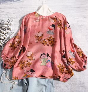 2025早秋新款新中式人丝香云纱唐朝仕女图长袖女秋季新品复古上衣