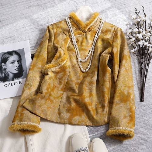 金枝玉叶新中式国风真丝拼水貂毛旗袍上衣女2025秋冬夹棉棉服