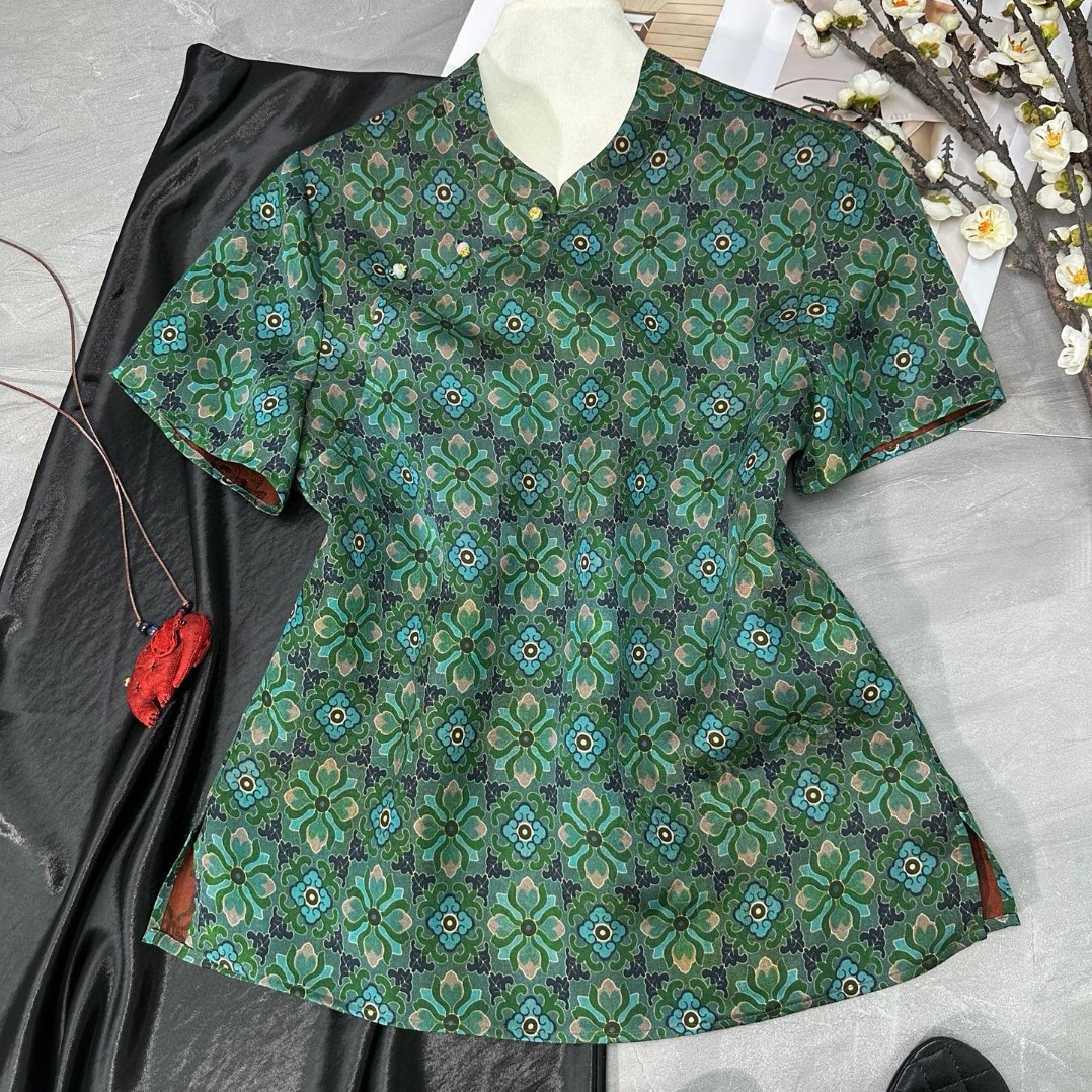 真丝香云纱新中式深绿色短袖衬衫女夏季斜襟盘扣上衣复古洋气小衫