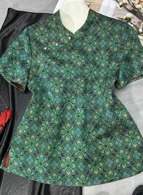 真丝香云纱新中式深绿色短袖衬衫女夏季斜襟盘扣上衣复古洋气小衫