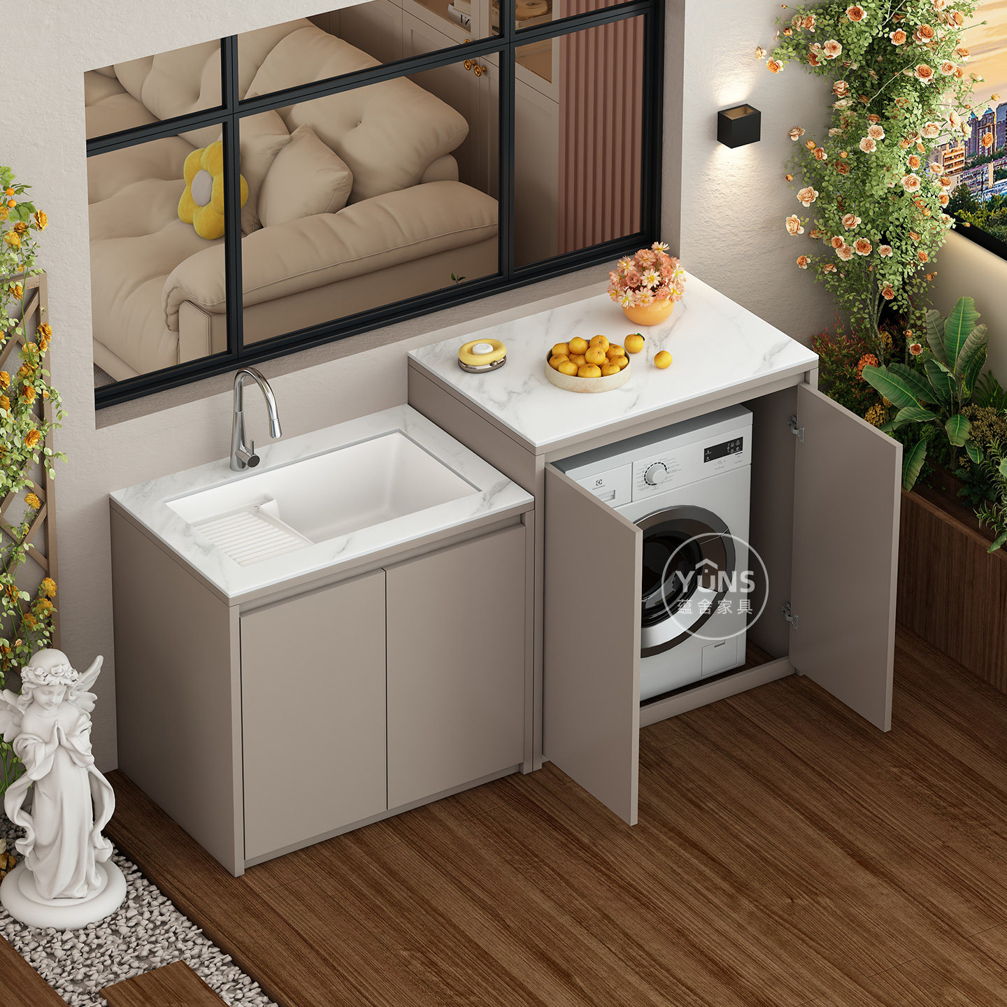 户外庭院铝合金洗手台盆洗衣机陶瓷盆一体储物柜岩板别墅防水防晒,家装主材,洗衣机柜,淘宝优惠券,粉丝福利购,淘宝优惠卷