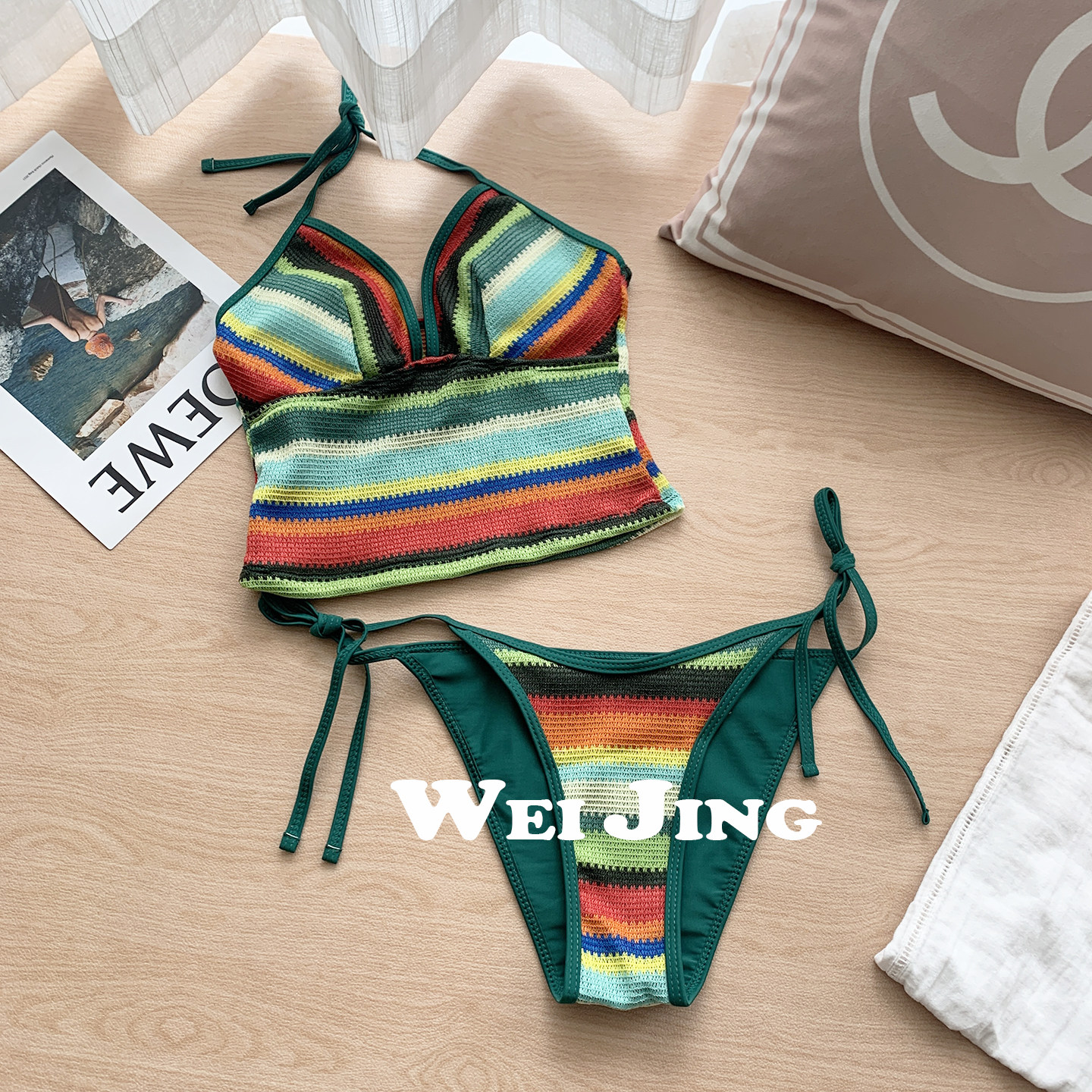 高级感彩虹条比基尼泳衣女编织面料性感温泉海边度假显白分体泳装