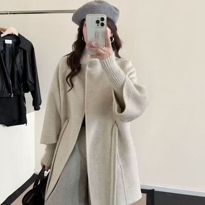 秋冬2025羊毛中长款双面新款宽松系带立领小个子大衣外套毛呢