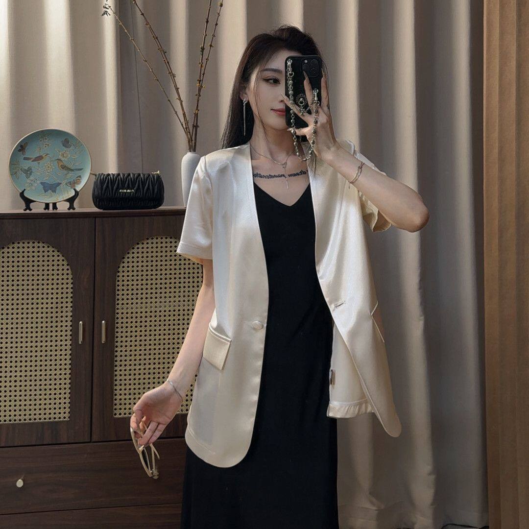 高级感缎面西装外套女短袖2025夏季新款休闲气质宽松薄款西服上衣图片