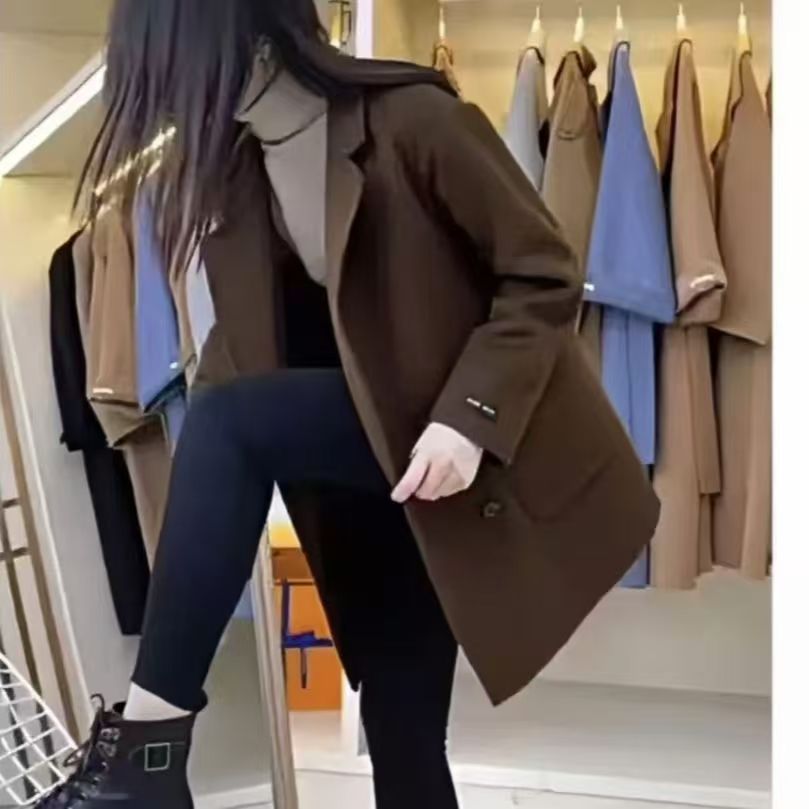 韩版西装中长款毛呢外套简约秋冬2025新款宽松大衣