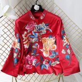 旗袍式 时髦妈妈外套牡丹短款 上衣国风 外套短款 红色拜年服绣花中式