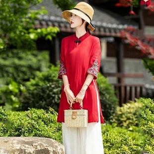 刺绣花盘扣上衣女改良棉麻显瘦t恤 复古中国民族风棉麻上衣夏季