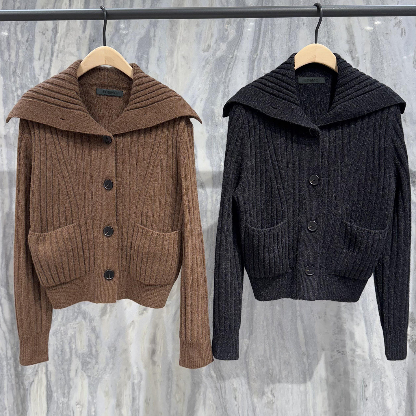 羊驼毛牦牛绒绵羊毛ED&MC海军领复古翻领毛衣针织开衫女2025冬新