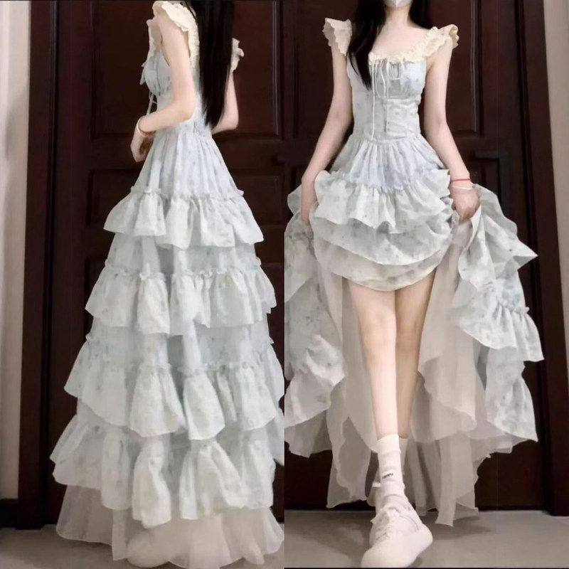 樱织花翎 精致2025夏季甜美小飞袖温柔碎花收腰公主蛋糕连衣长裙