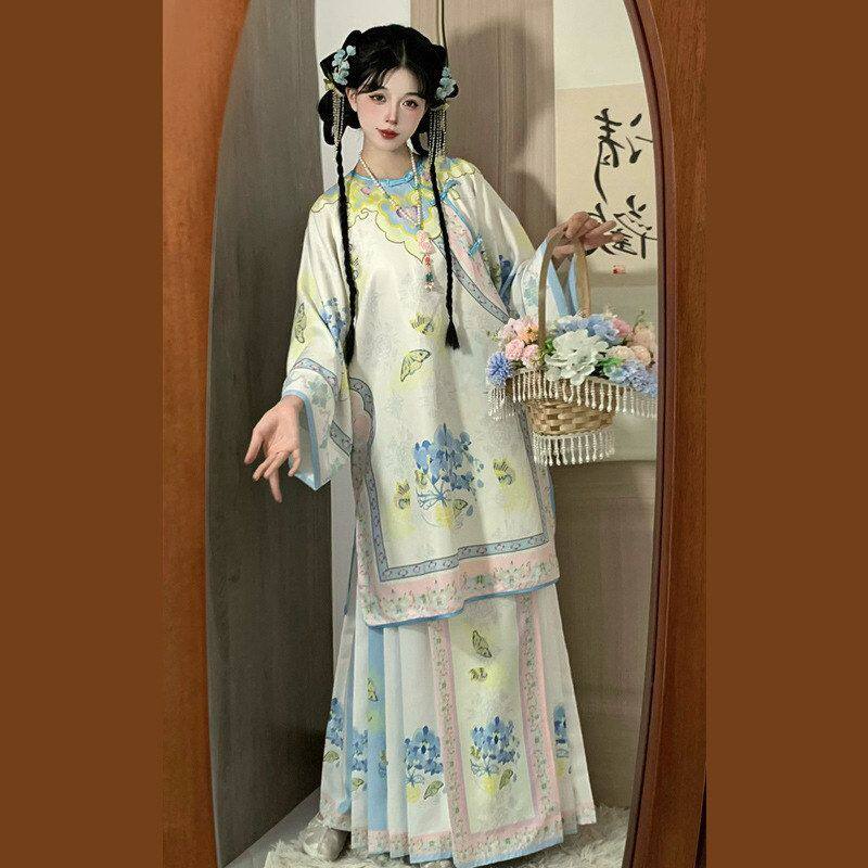 原创汉服重工复原清汉女印花清汉格格马面群圆领斜襟秋冬套装