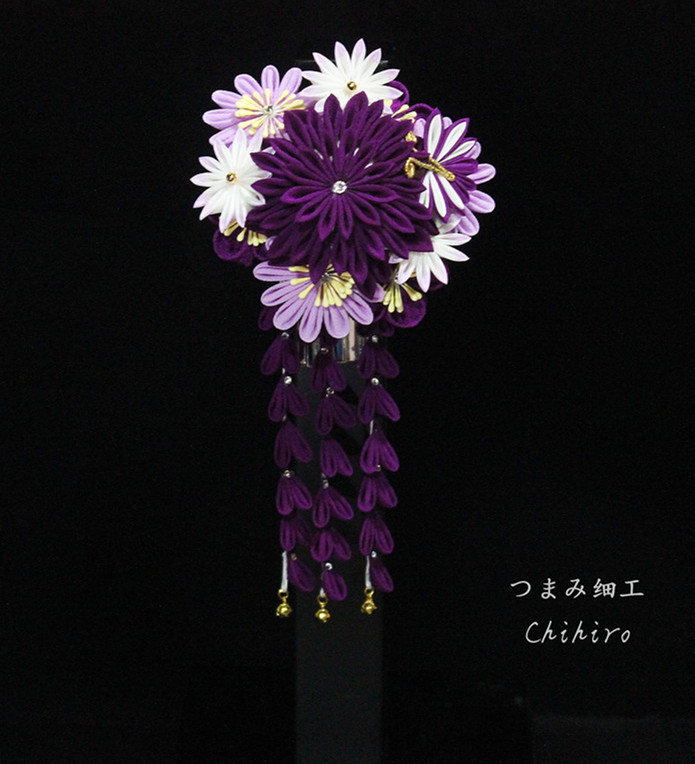 『甲紫』つまみ细工手工日本细工花发夹和风花簪浴衣和服花嫁头饰