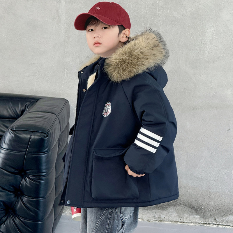 男童加厚真毛领派克棉服2025冬季新款酷帅男孩加绒兔毛棉衣外套潮