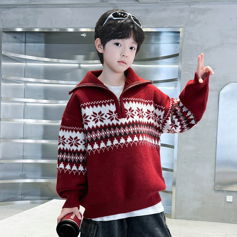 童装男童半拉链高领毛衣2025冬装新款儿童洋气针织衫男孩大童上衣