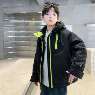 男童秋冬季夹棉外套2025新款中大童男孩酷帅加厚棉衣派克服风衣潮