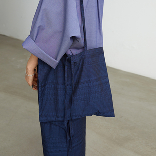 杲果GAOGUO原创1号购物袋 蓝色中国风复古机绣花纹轻薄便携包袋