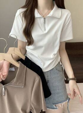 短袖正肩t恤女夏季2026新款法式POLO领拉链独特别致短款抽绳上衣