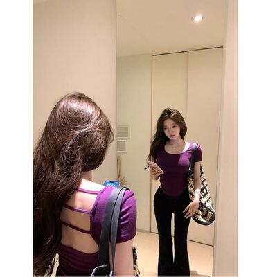 纯欲风紫色u领短袖正肩T恤女