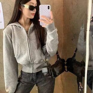 美式复古灰色连帽卫衣外套女秋季加绒加厚小个子短款收腰开衫上衣