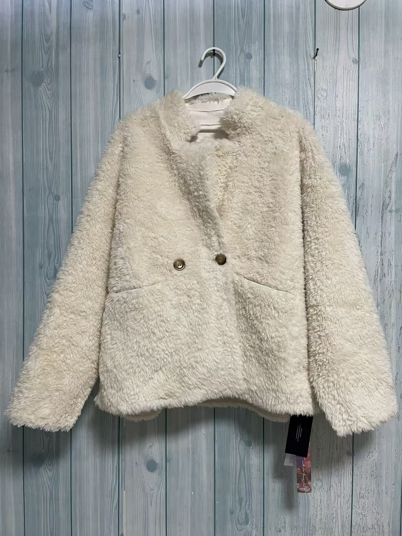 2025新款休闲百搭显瘦圆领双排扣长袖仿皮草外套女款上衣