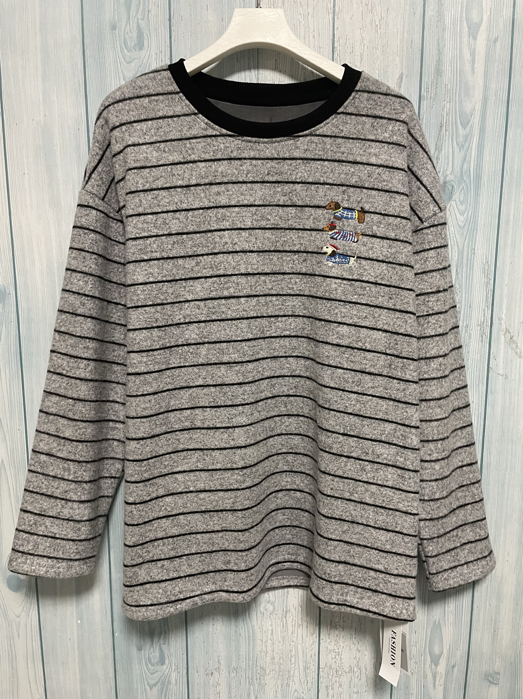 韩版刺绣腊肠狗条纹加绒长袖T恤女款宽松大版 反季清仓不退换