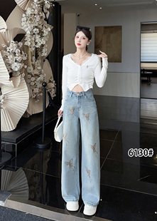 6130春款窄版阔腿牛仔裤女高级蝴蝶水钻设计浅蓝色拖地垂感直筒裤