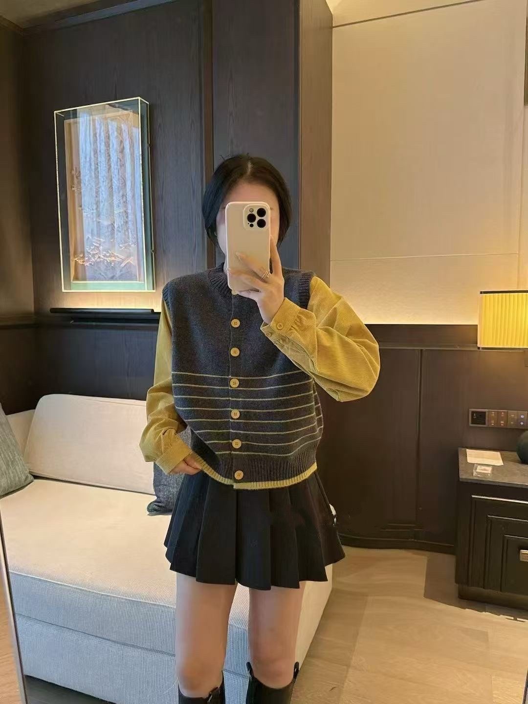 假两件设计感衬衫长袖拼接条纹开衫毛衣女宽松减龄针织上衣气质春