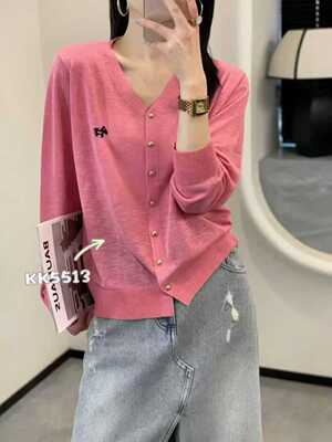 5513春夏薄料长袖针织衫V领刺绣小马上衣百搭显瘦打底衫外套防晒