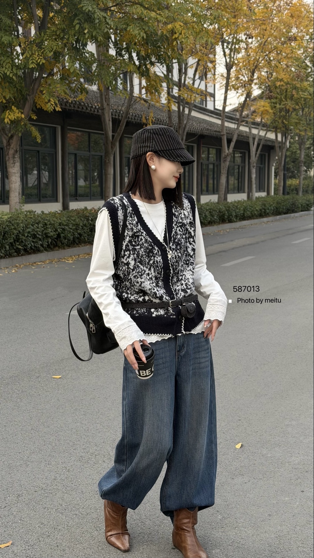 7013V领开衫马甲圆领白棉T真两件套针织毛衣春打底外穿套头上衣女