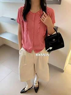 开衫 5515春夏薄料短袖 百搭显瘦半袖 圆领木耳边上衣打底衫 女 针织衫