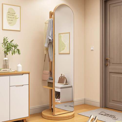 360度旋转实木穿衣镜卧室可移动落地全身镜带挂衣架一体试衣镜子