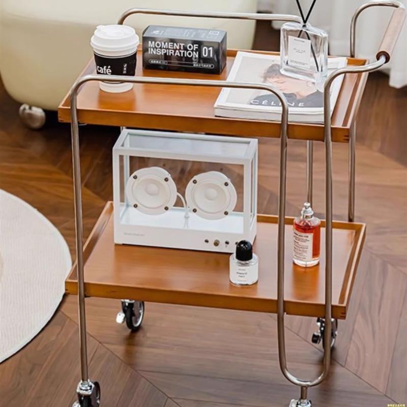 复古实木小推车客厅沙发轻奢收纳置物架家用可移动边几餐车小茶几