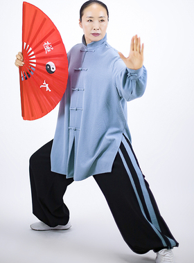 马蕾太极春季休闲时尚太极服宽版女式蓝色表演练功服华夫棉中国风