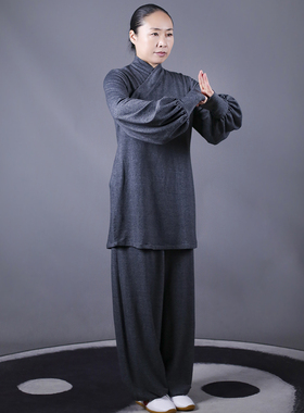 马蕾太极春季新款女式偏襟弹力彩棉宝蓝休闲太极服灰色表演练功服