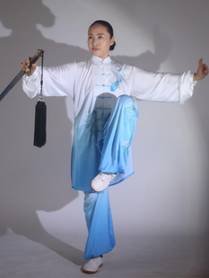 马蕾太极夏季新款渐变真丝绸表演太极服男女同款八段锦气功服刺绣